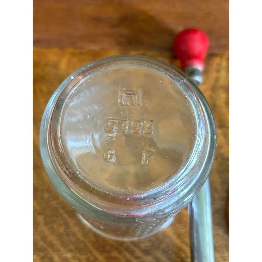 Vintage Hazel Atlas Nut Food Chopper Glass Measure Red Wood Knob Manual